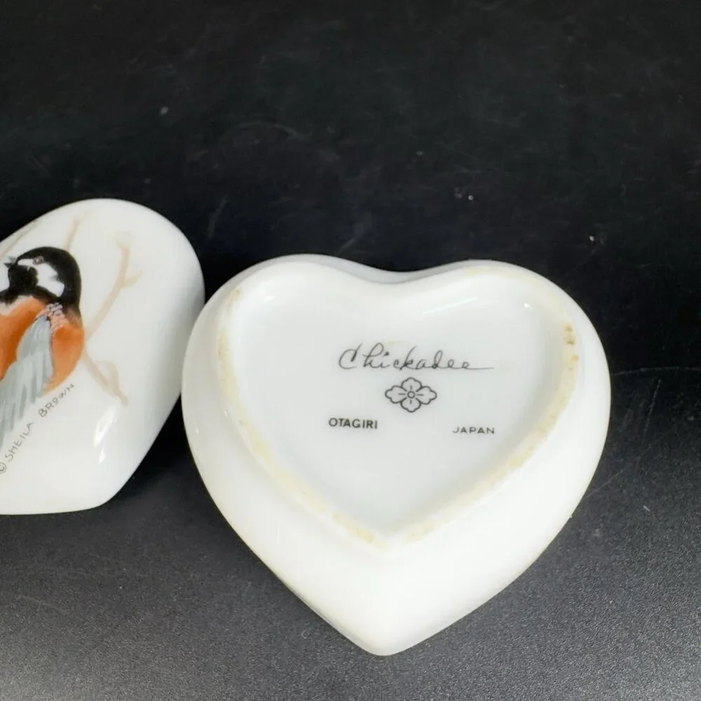 Vintage Otagiri Chickadee Heart Shaped Bird‎ Trinket Box Sheila Brown Container